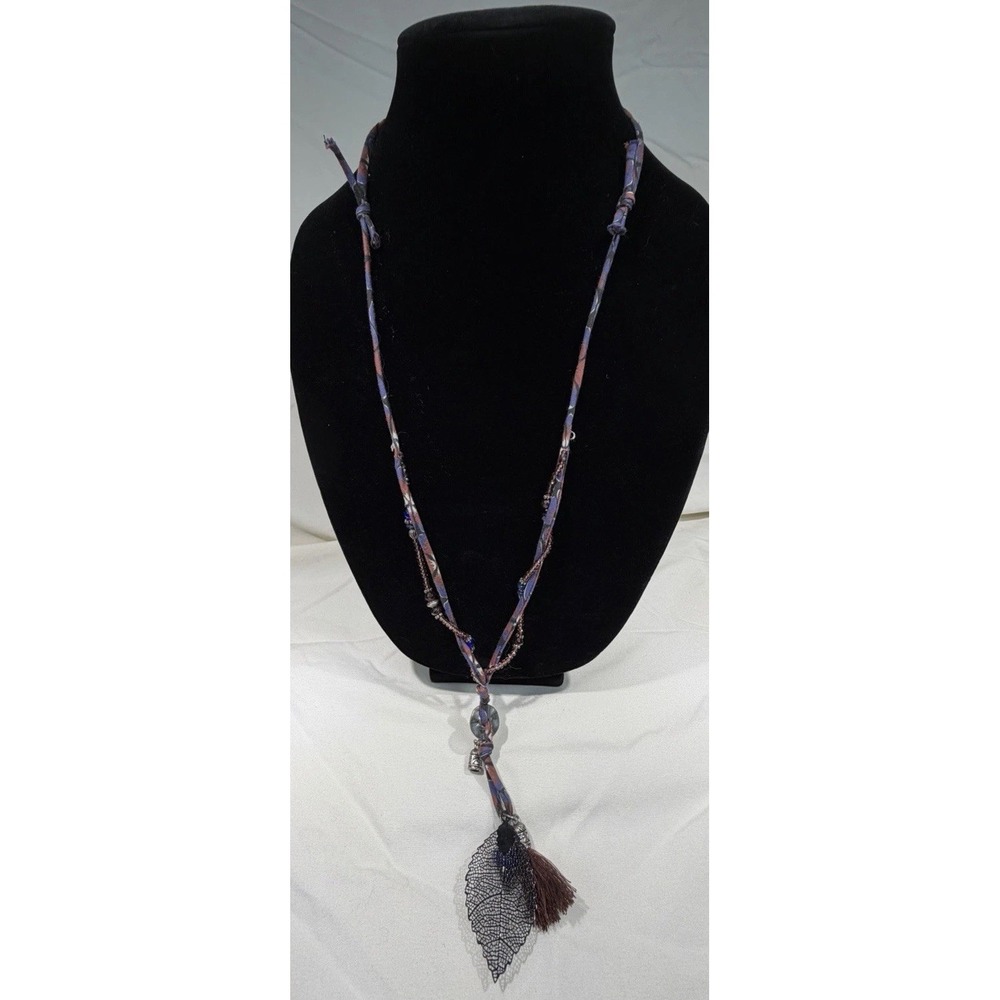 Vintage Boho Chic Mixed Material Necklace  Woven Bead Fabric